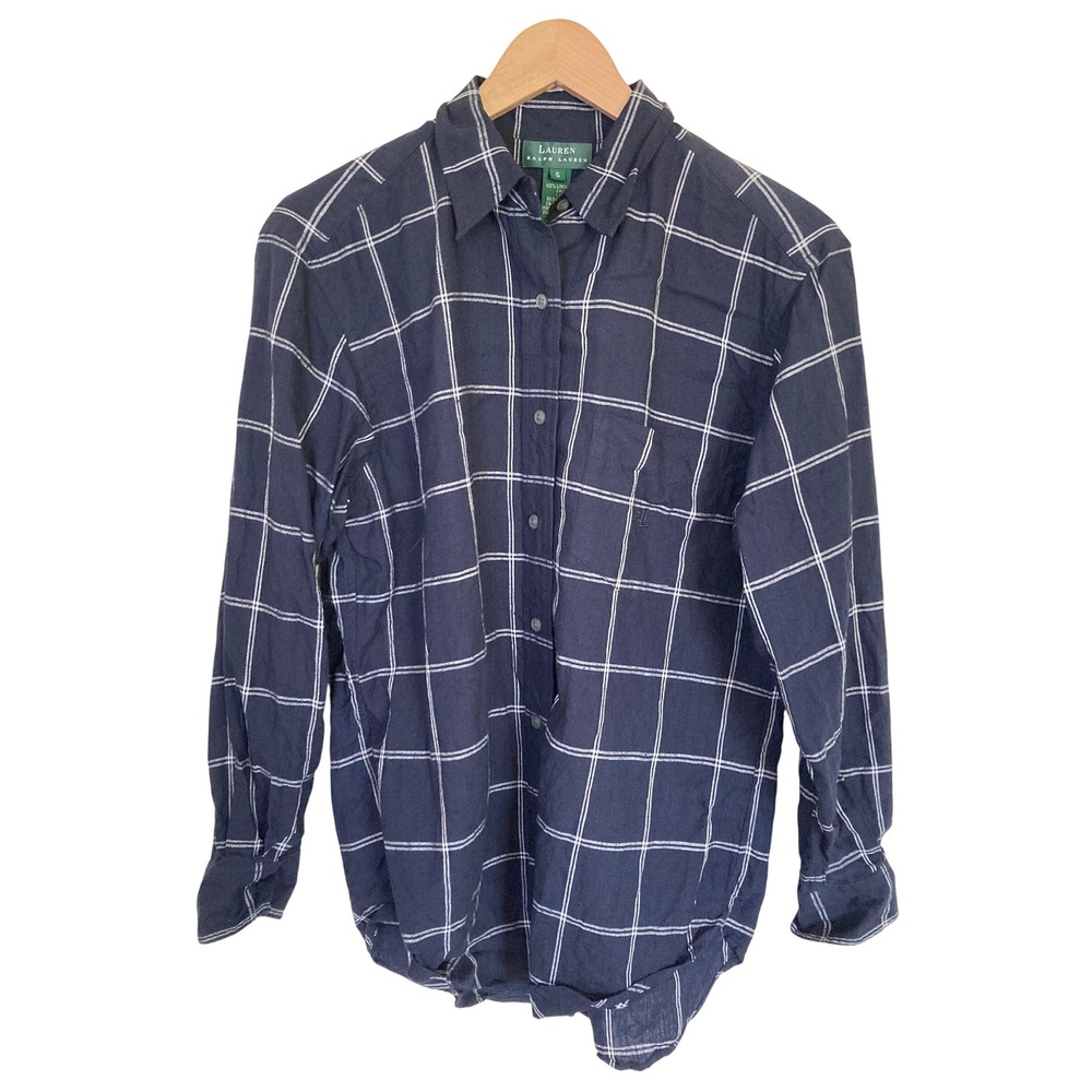 Lauren Ralph Lauren Womens Navy‎ Blue White Windowpane Plaid 100% Linen Shirt S